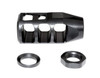 Presma Tanker Style 5/8x24 Muzzle Brake, Black Steel (MZ-18-02-B), black steel muzzle brake with a cylindrical shape and mounting hardware included.