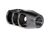 Presma Tanker Style 5/8x32 Muzzle Brake for .458 Bushmaster, Black Steel, firearm accessory with a cylindrical shape and vented design.