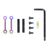 Guntec USA GT-ARP Complete Anti-Rotation Trigger/Hammer Pin Set, shown with colorful black, gold, and galvanized pins, black sleeves, screws, and Allen wrench for firearm customization.