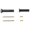 Rise Armament RA-020-BLK Enhanced AR-15 Takedown and Pivot Pins, disassembled with two black takedown pins, two gold pivot pins, and two screws on a white background.