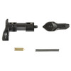 Rise Armament RA-6423-BLK Ambidextrous Safety Selector for AR-15 / AR-10, durable stainless steel design with 69-degree throw, disassembled with components including the selector, lever, pin, and spring.