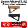 Davidson Defense AR-15 MOE Adjustable Carbine Stock with QD Sling Mount and Rubber ButtPad, showcasing two stock options in tan and black with adjustable features.