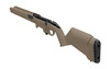 Magpul Industries Magpul HUNTR LTE Stock for Ruger American Short Action Rifles, lightweight adjustable stock in Flat Dark Earth shown from the side with a black recoil pad and receiver area.