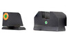 XS Sights GL-F008P-5, image showing two black firearm sights with green accents, one smaller front sight and one larger rear sight, on a plain white background.
