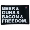 TekMat MAT Beer Guns Bacon & Freedom, black mat with white bold text displaying theme of beer, guns, bacon, and freedom, with TekMat logo in the corner.
