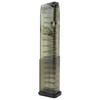 Elite Tactical Systems Group SMK-GLK-43X-19, Durable 19-Round Extended Magazine for Glock 43X & 48 with Non-Tilt, Clear Body, Lifetime Warranty, close-up of the transparent magazine with internal spring mechanism and base plate.