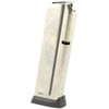 Springfield Armory PI6070 Factory Magazine for 1911 EMP 3 Compact - 9-Round Stainless Steel Reliability, close-up of stainless steel magazine with 'EMP' engraved on the side and a black base plate.