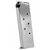 Springfield PI4520 Factory Magazine - 7-Round Stainless Steel for Full Size 1911 Government/Commander, close-up of the silver stainless steel handgun magazine with five witness holes and a model number engraved.