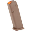 GLOCK 47459 17-Round Polymer Magazine, firearm magazine with a tan finish, orange follower at the top, designed for tactical use, high reliability and durability.
