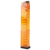 Elite Tactical Systems Group GLK-18G2OR 32-Round High-Performance Magazine for Glock 17/19/26, orange body with Gen2 base plate, shown standing upright for reliable feeding and enhanced performance.