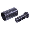 Guntec USA 223/556 9mm 'Hellfire' Muzzle Compensator With Qd Blast Shield (Gen 2), black metal muzzle brake with vent holes and mounting adapter.