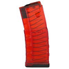 Mission First Tactical EXDPM556-T-R, red translucent magazine for AR-15 rifle with textured surface for grip and metal spring inside.