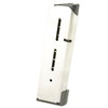 Wilson Combat 47DOX, metallic silver handgun magazine with black top and side slots, isolated on white background.