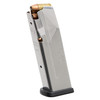 Magpul Industries MAG1486-SST, stainless steel magazine with black base plate for firearm magazines.