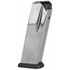 Springfield XD4545, stainless steel pistol magazine with black plastic baseplate.