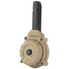 ProMag Industries DRM-A11-FDE drum magazine, tan and black firearm magazine with a circular base and a rotating dial for capacity adjustment.