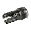 LanTac USA LLC LanTac LAM-556FC-PBS Lamprey Flash Hider - Enhanced Flash Reduction & Accuracy, close-up view of a black, precision-machined flash hider with cutouts and threading for a muzzle brake, designed for tactical rifles.