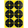 Allen Company 15355 EZ Aim Non-Adhesive Splash Shooting Targets - 8 Pack Bullseye Targets for Precision Practice, showing four black and yellow bullseye targets with concentric circles and a splash technology logo in the center.