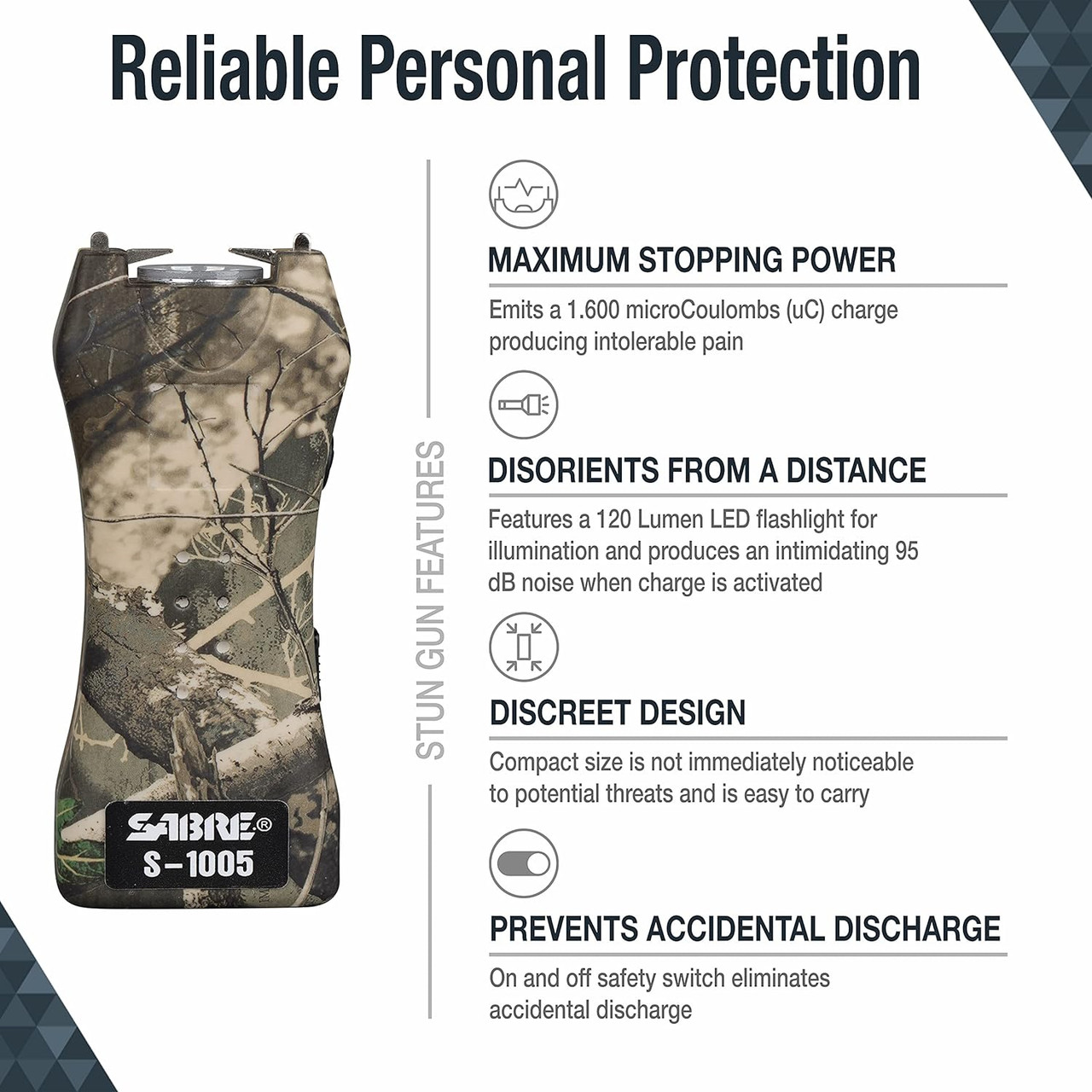 Sabre S-1005-CM 1.600 UC Mini Stun Gun, Flashlight w/ Holster Realtree Camo