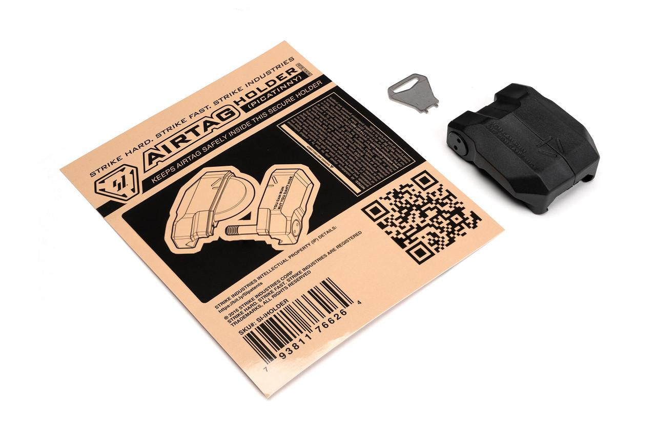 Strike Industries Apple AirTag Holder, black protective case with attachment clip, along with instruction manual, and QR code on a white background.