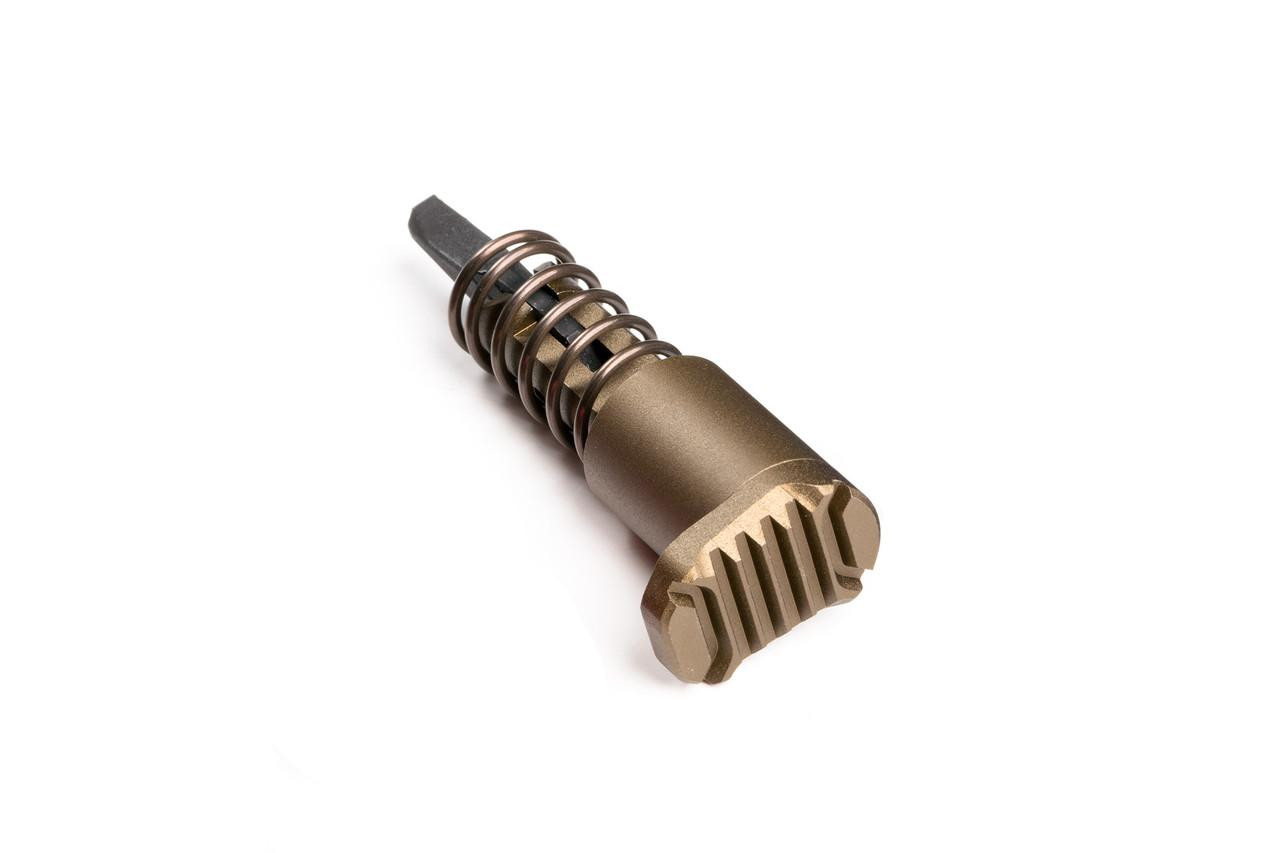 Strike Industries SI-AR-E-FA-FDE AR Extended Forward Assist Lightweight Low Profile Aluminum Construction in FDE, tactical firearm accessory for AR-15 rifles.