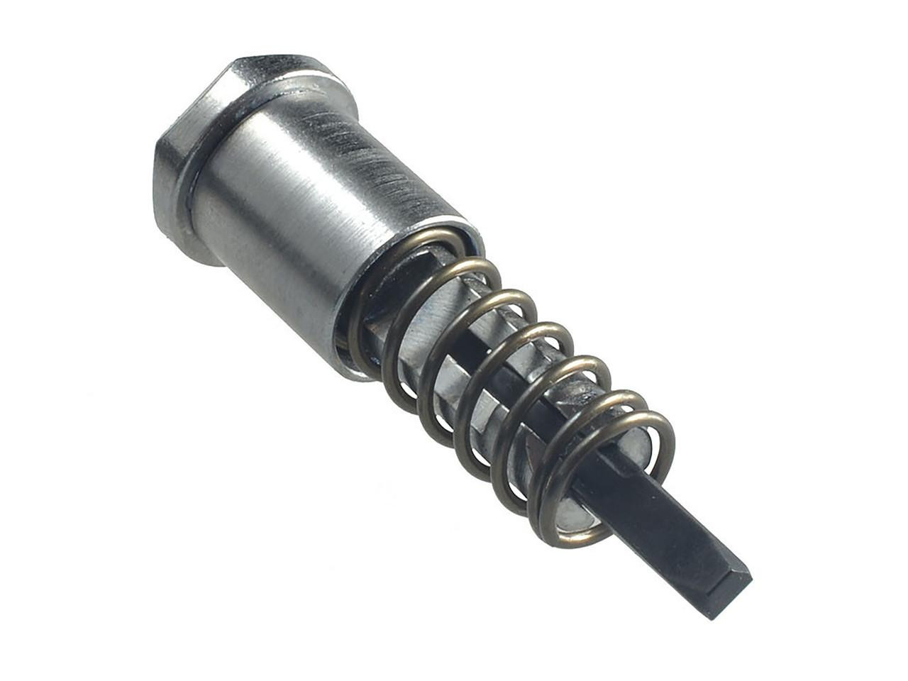Strike Industries SI-AR-FA-CC AR Forward Assist Hex Design Steel Construction in Chrome Coating, product image showing a steel forward assist with a hex design and a spring.