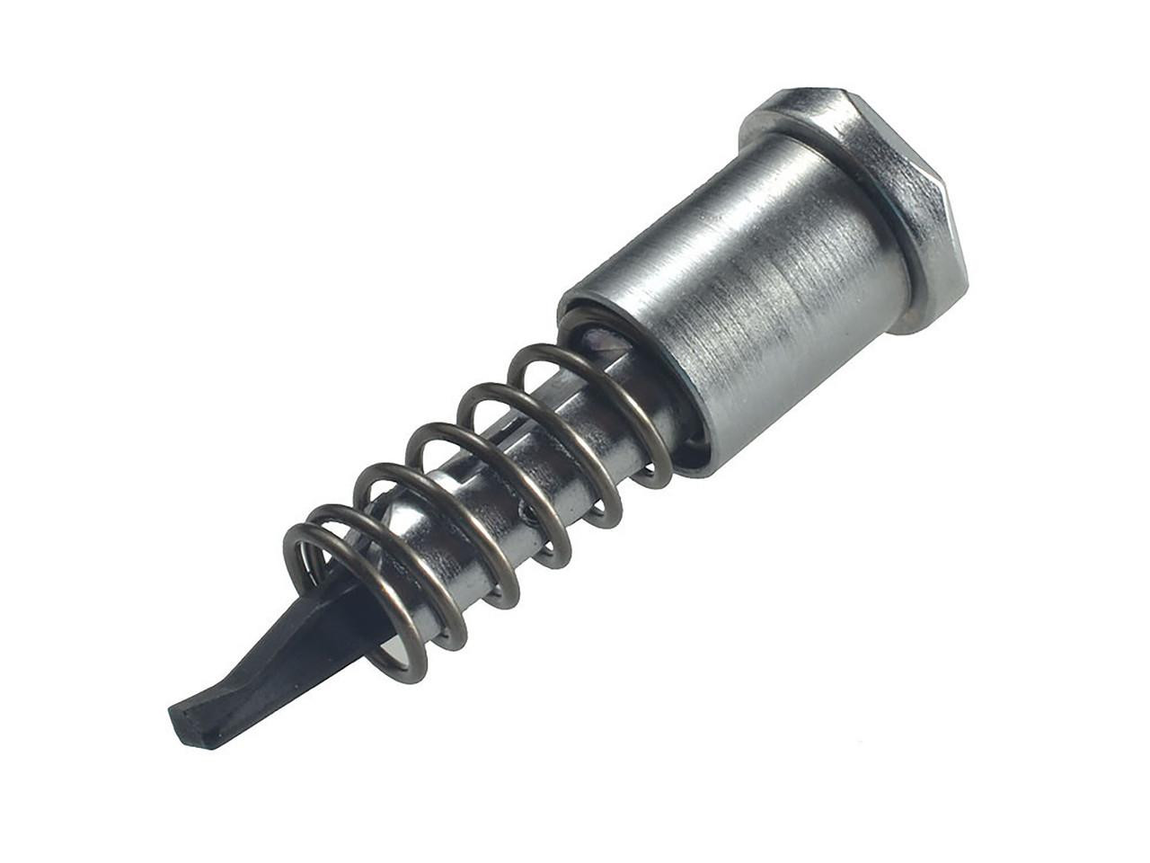 Strike Industries SI-AR-FA-CC AR Forward Assist Hex Design Steel Construction in Chrome Coating, metal firearm part with hex design and spring mechanism.