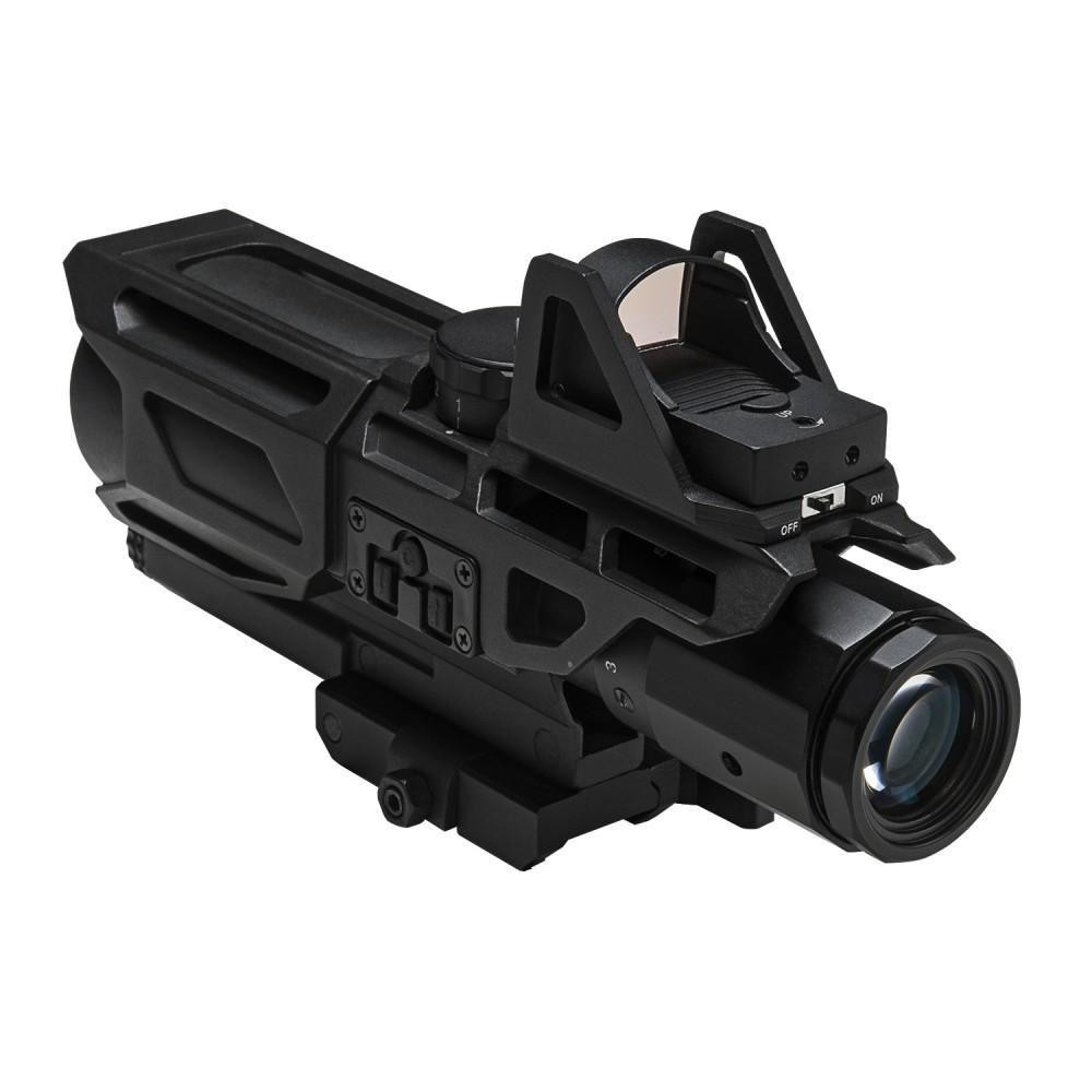 NcStar NcSTAR VSTM3940GDV3 Gen3 USS 3-9X40 Scope W/Red Dot/Mil-Dot Reticle Scope, tactical scope with adjustable zoom and red dot sight mounted on a firearm attachment rail.