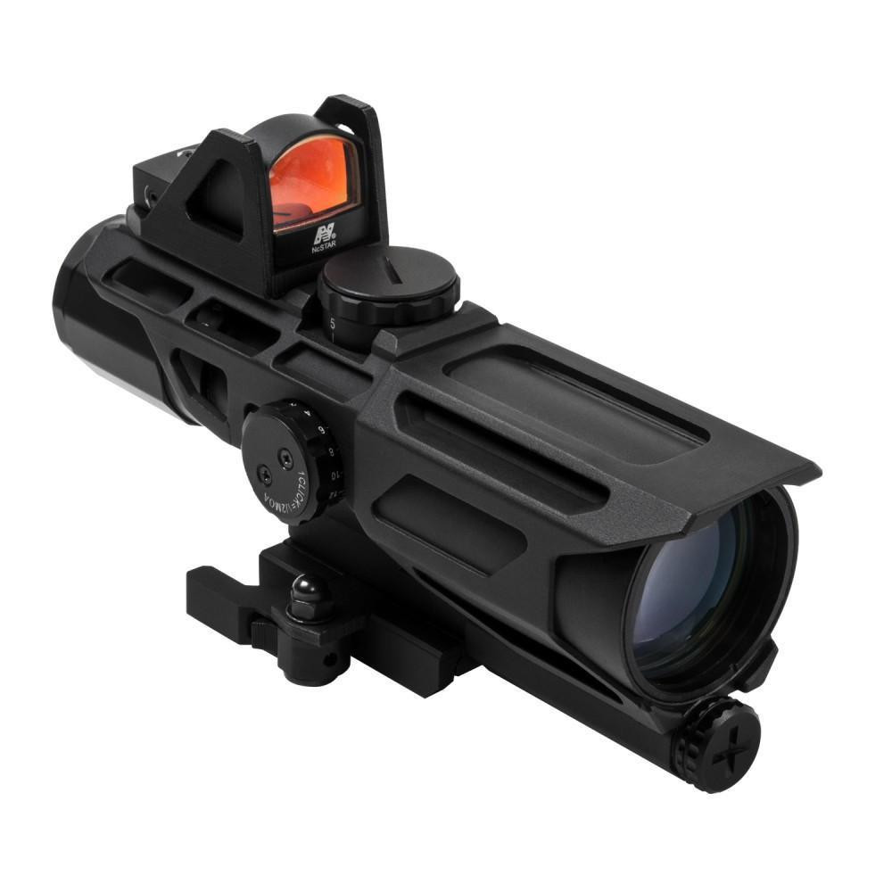 NcStar NcSTAR VSTM3940GDV3 Gen3 USS 3-9X40 Scope W/Red Dot/Mil-Dot Reticle Scope, black tactical scope with adjustable features and a mounted red dot sight for enhanced aiming accuracy.