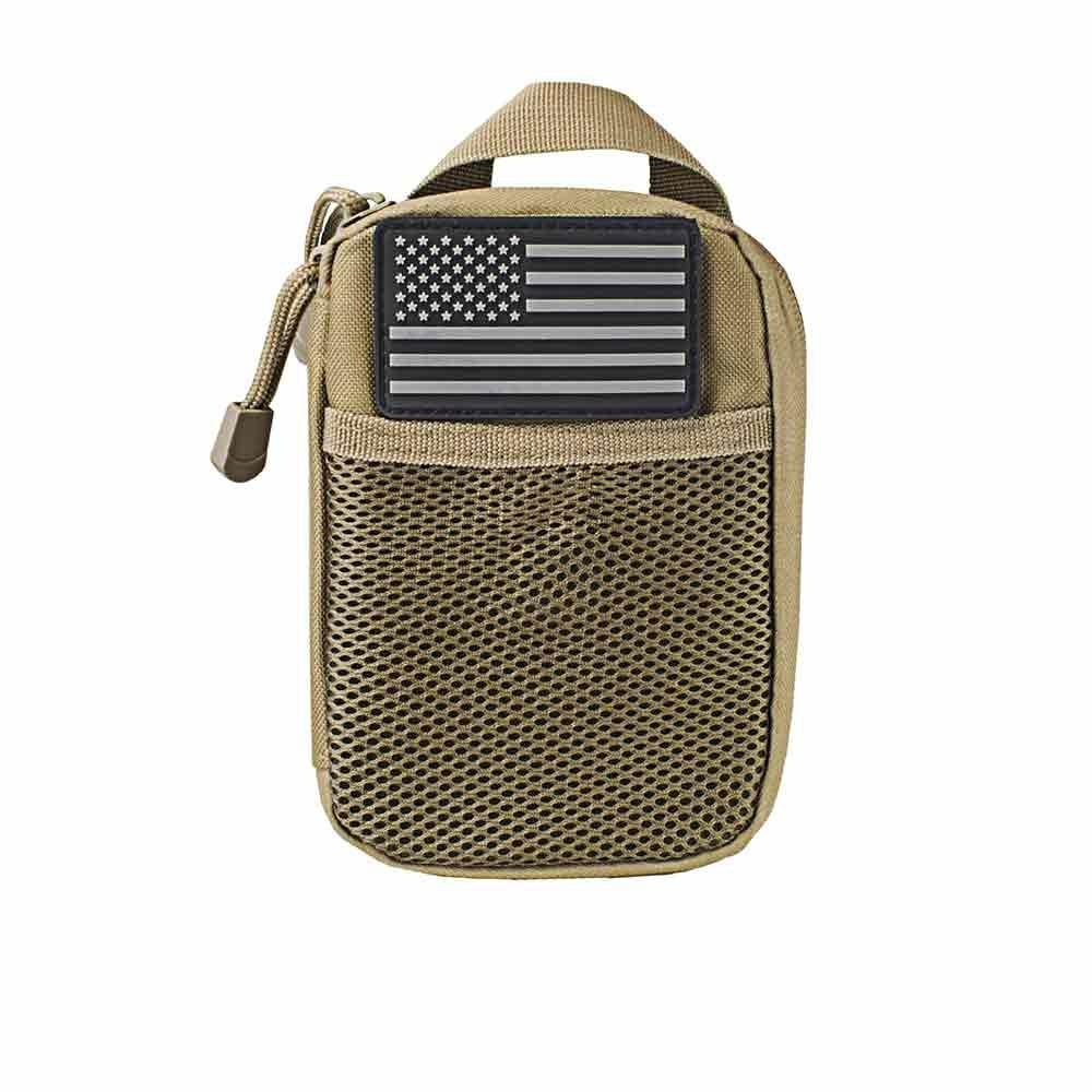 NcStar NcSTAR CVAP3006T Molle Utility Pouch With U.S. Patch, tactical beige pouch with American flag patch and mesh front pocket.