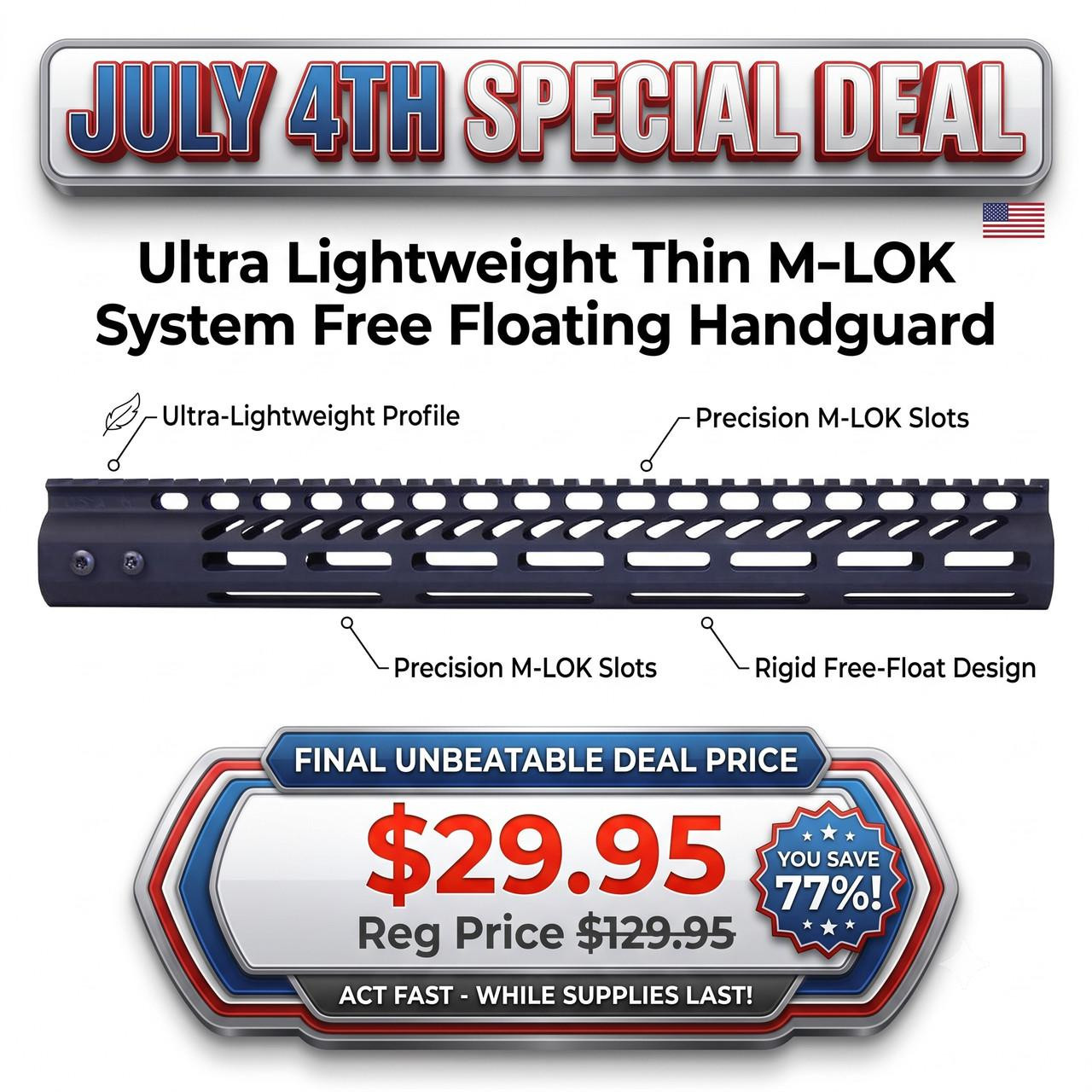 Guntec USA GT-15MLK 15-Inch Ultra Lightweight Thin M-LOK System Free Floating Handguard with Monolithic Top Rail, Anodized Black, featuring precision M-LOK slots, a rigid free-float design, and an ultra-lightweight profile.