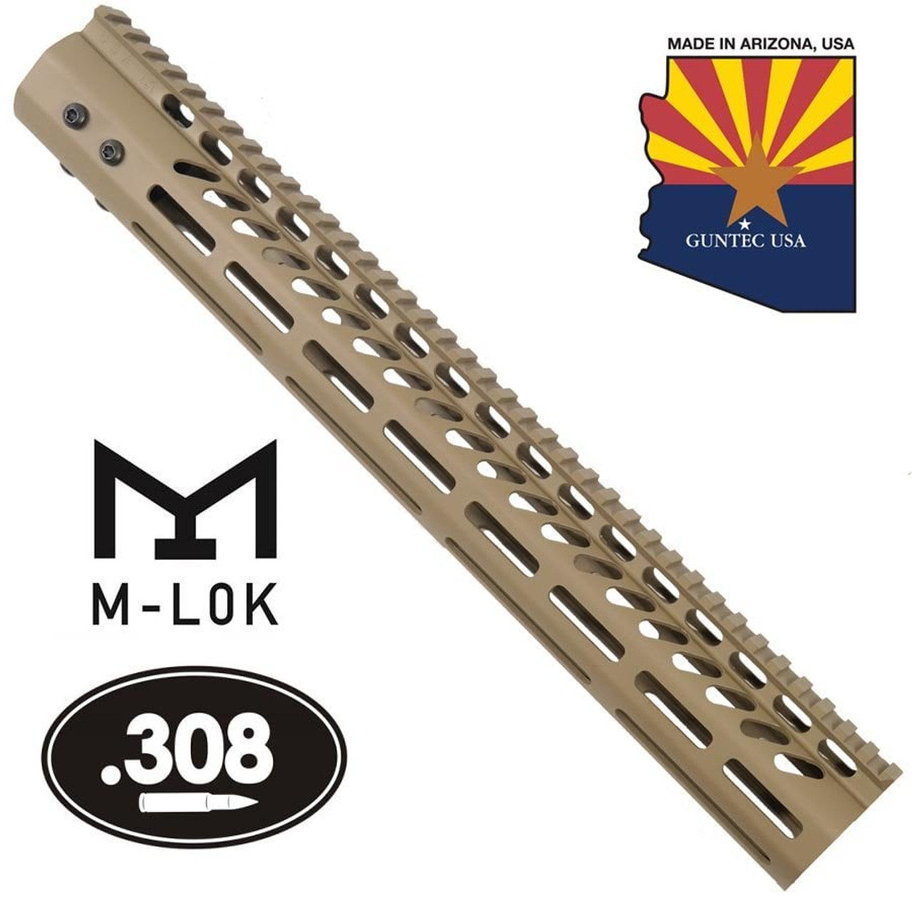 Guntec USA GT-15MLK-308-E 15" Ultra Lightweight Thin M-LOK System Free Floating Handguard With Monolithic Top Rail (.308 Cal) (Flat Dark Earth)