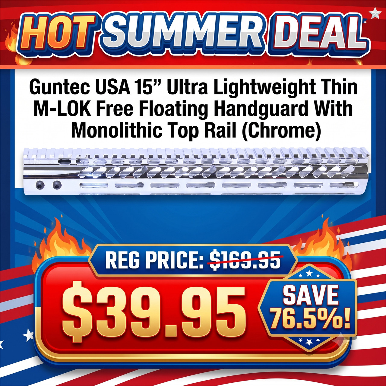 Guntec USA GT-15MLK-C Guntec USA GT-15MLK-C 15" Ultra Lightweight Thin M-LOK Free Floating Handguard With Monolithic Top Rail (Chrome) GT-15MLK-C