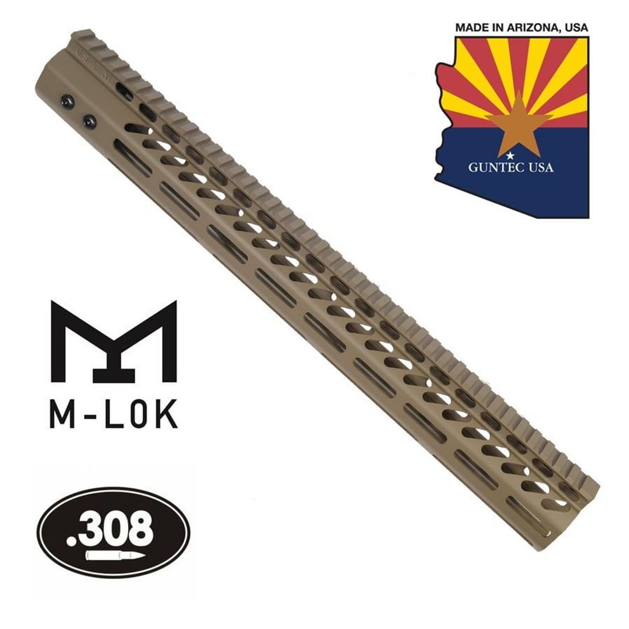 Guntec USA GT-16.5MLK-308-FDE 16.5" Ultra Lightweight Thin M-LOK Free Floating Handguard With Monolithic Top Rail (.308 Cal) (Flat Dark Earth)