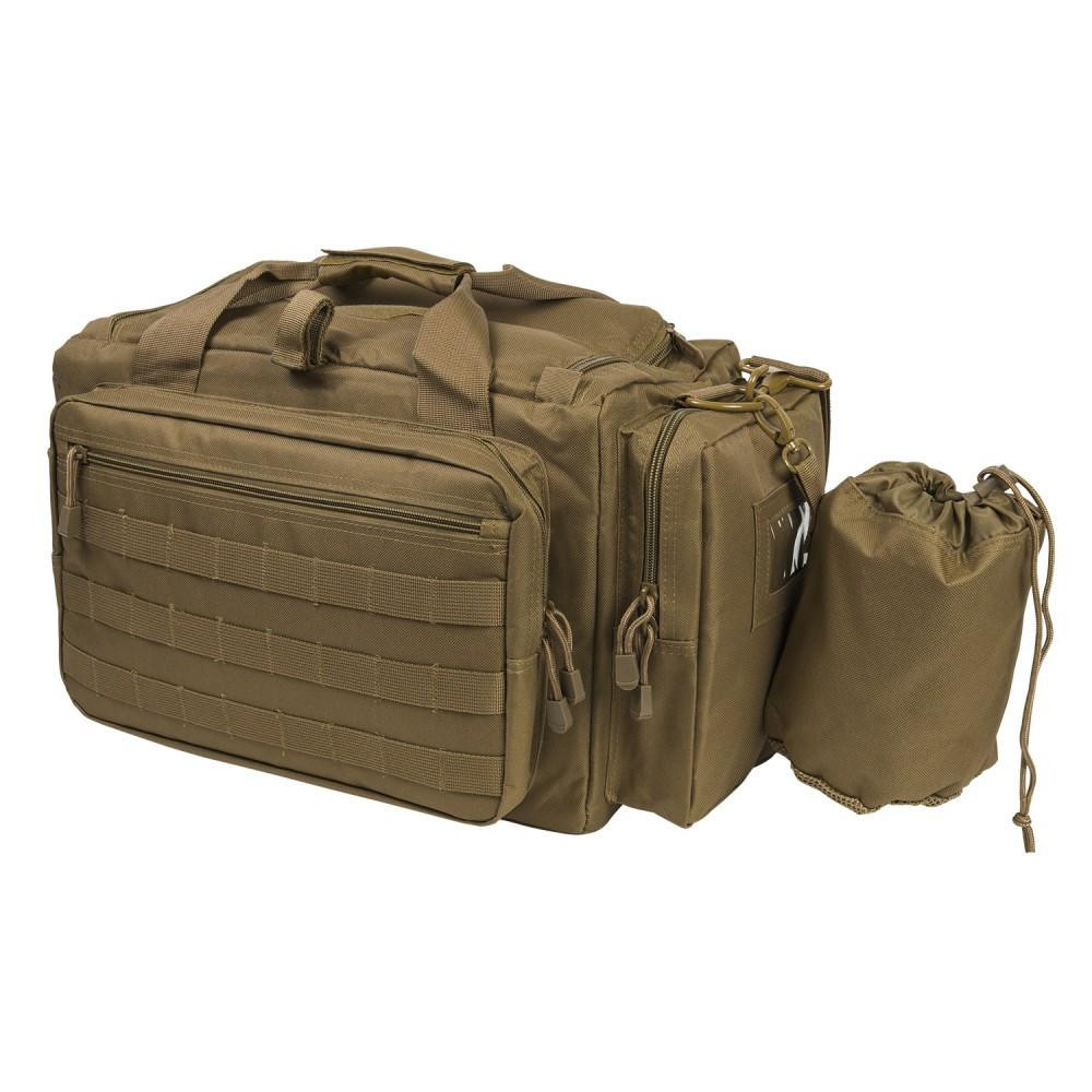 NcStar NcSTAR CVCRB2950T Competition Range Bag, khaki-colored tactical bag with multiple compartments and pouches, includes a smaller drawstring bag attached to the side for shooting accessories and gear storage.