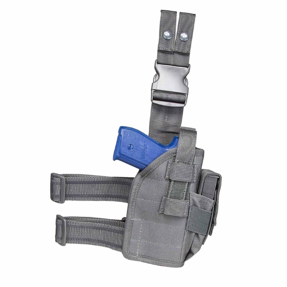 NcStar NcSTAR CVDLHOL2954U Drop Leg Universal Holster, a tactical gray drop leg holster with adjustable straps and a blue pistol grip visible in the magazine.