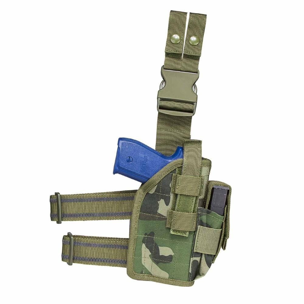 NcStar NcSTAR CVDLHOL2954WC Drop Leg Universal Holster, military-style camouflage tactical drop leg holster with adjustable straps, magazine pouch, and blue handgun.