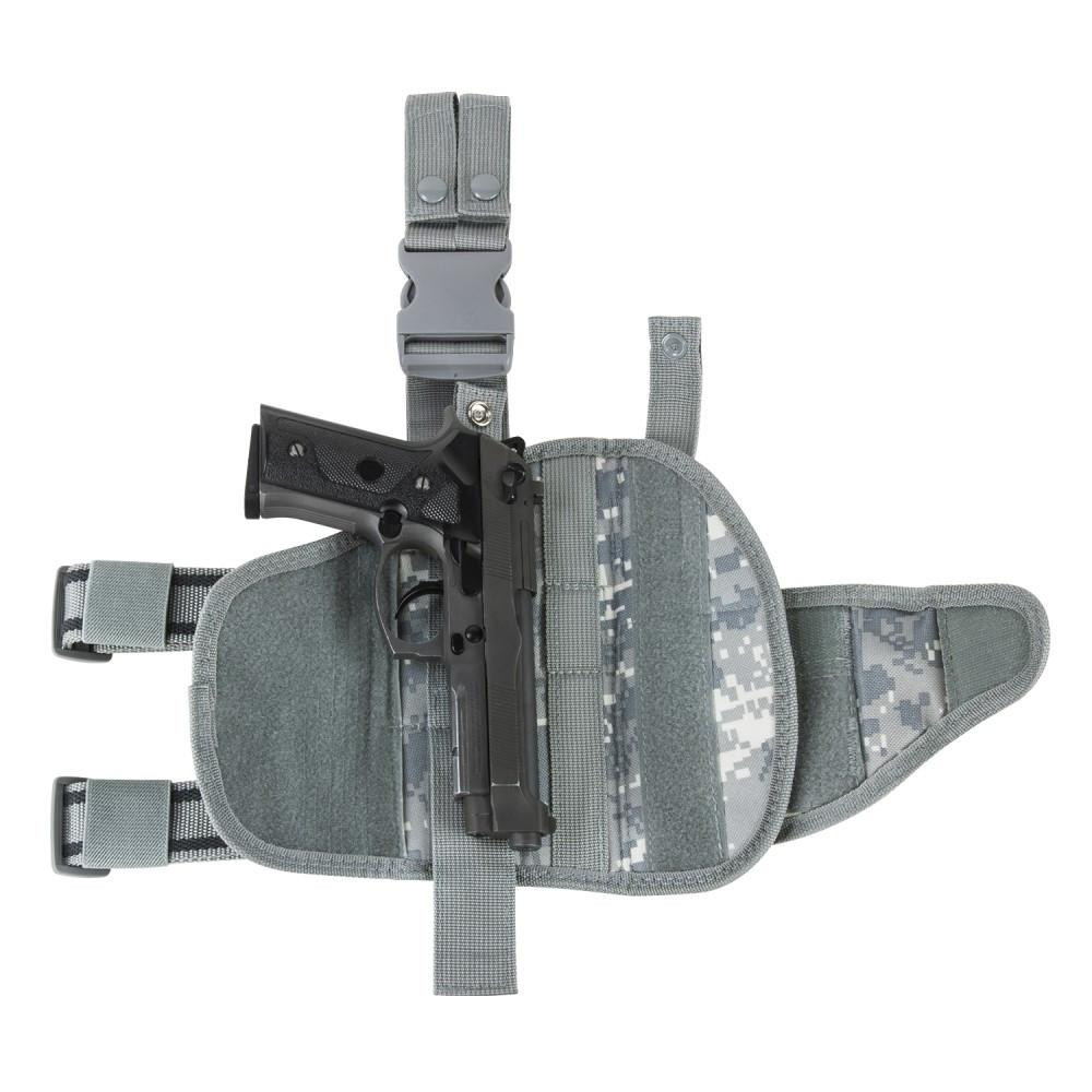 NcStar NcSTAR CVDLHOL2955D Drop Leg Tactical Holster, black pistol holster attached to a grey drop leg platform with adjustable straps and digital camouflage pattern interior.