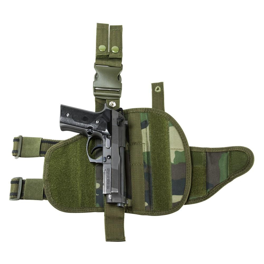 NcStar NcSTAR CVDLHOL2955WC Drop Leg Tactical Holster, green camouflage pattern with a handgun secured in the holster.
