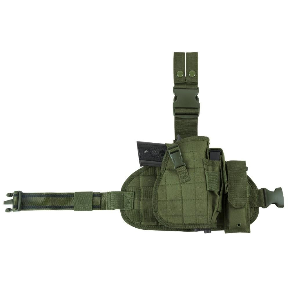 NcStar NcSTAR CVDLHOL2956G Drop Leg Holster + Panel + Mag Pouch, tactical green drop leg holster set with adjustable straps, multiple magazine pouches, and a convenient holster panel for firearm security.