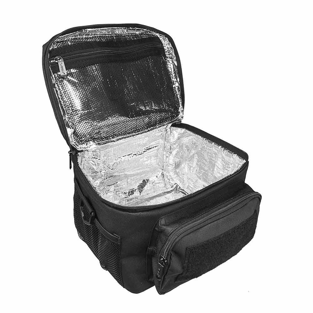 NcStar Ncstar CVKOLS3022B Small Insulated Cooler Lunch Bag With Molle/Pal Webbing/ Black, open insulated lunch bag showing silver interior and multiple zippered pockets.