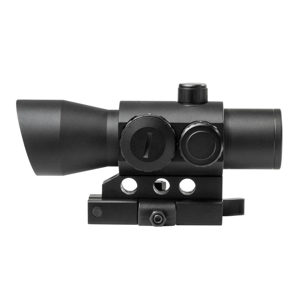 NcStar NcSTAR DMRK132A Mark Iii Tactical Red Dot Sight/1X32/4 Reticle, black tactical red dot sight with adjustable brightness and mounting base.