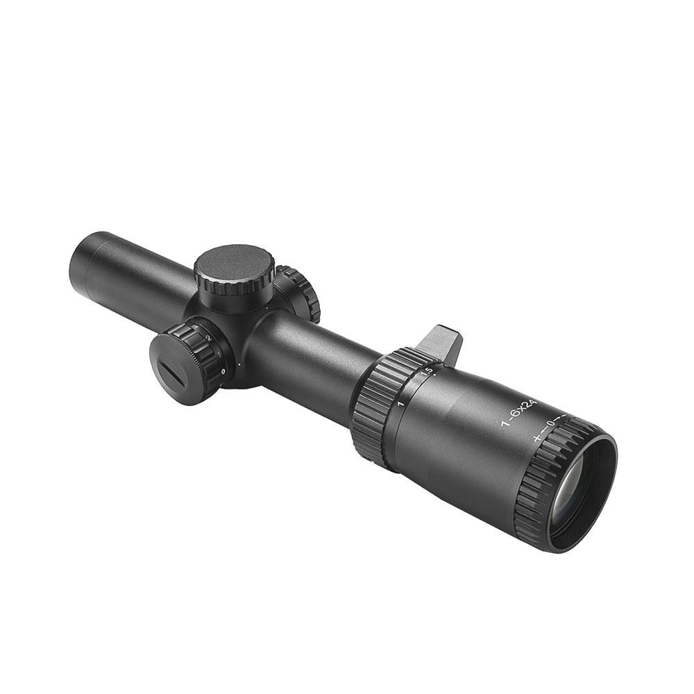 NcStar NcSTAR SEEFL1624G 30mm 1-6X24 Etched Glass LPV Reticle Scope, a black rifle scope with adjustable magnification and green/red illumination, shown in close-up.