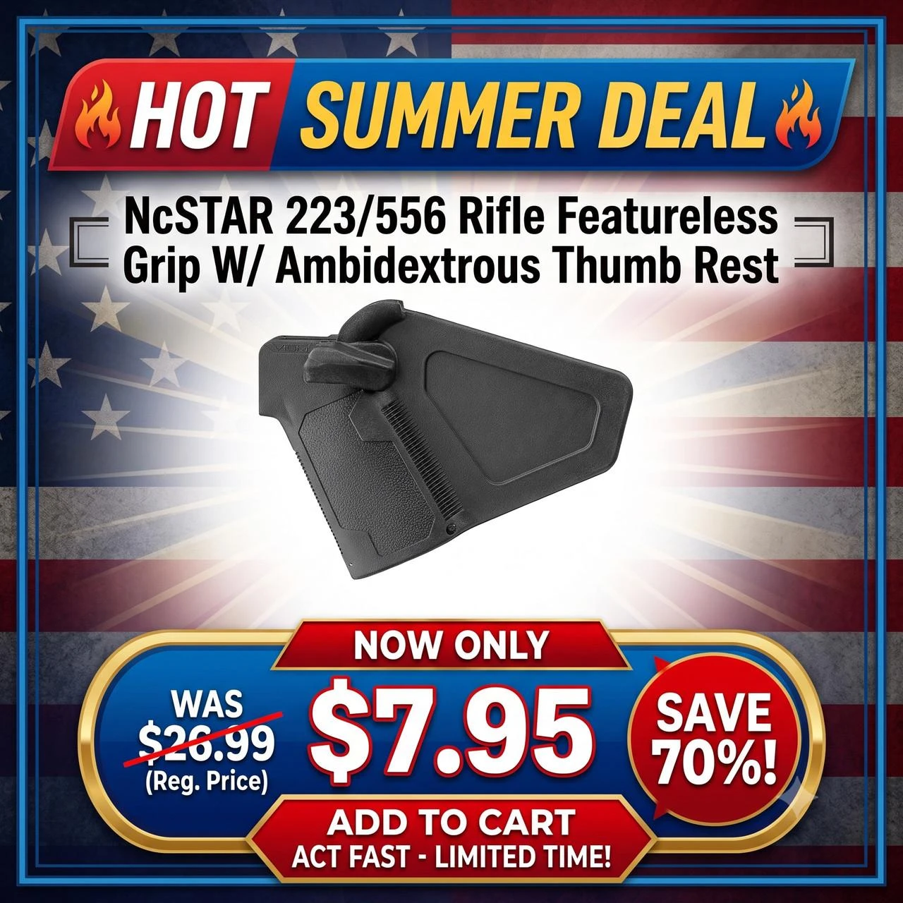 Product NcSTAR VAGPARCAM2 223/556 Featureless Grip W/ Ambidextrous Thumb Rest, a black rifle grip with textured surface and thumb rest, suitable for AR-15 style firearms.