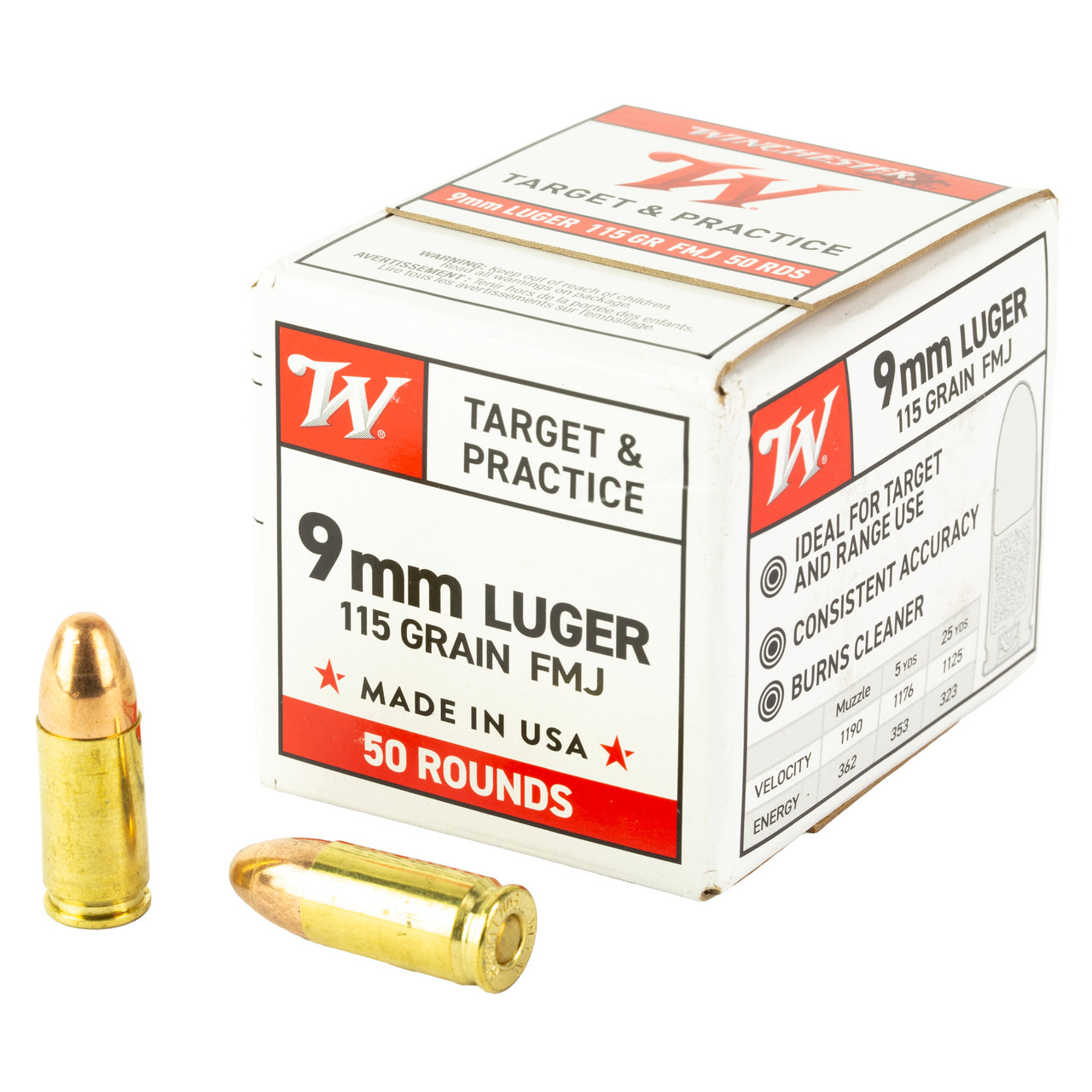 Winchester Ammunition USA WHITE BOX, 9mm, 115 Grain, Full Metal Jacket, 50 Rounds Box