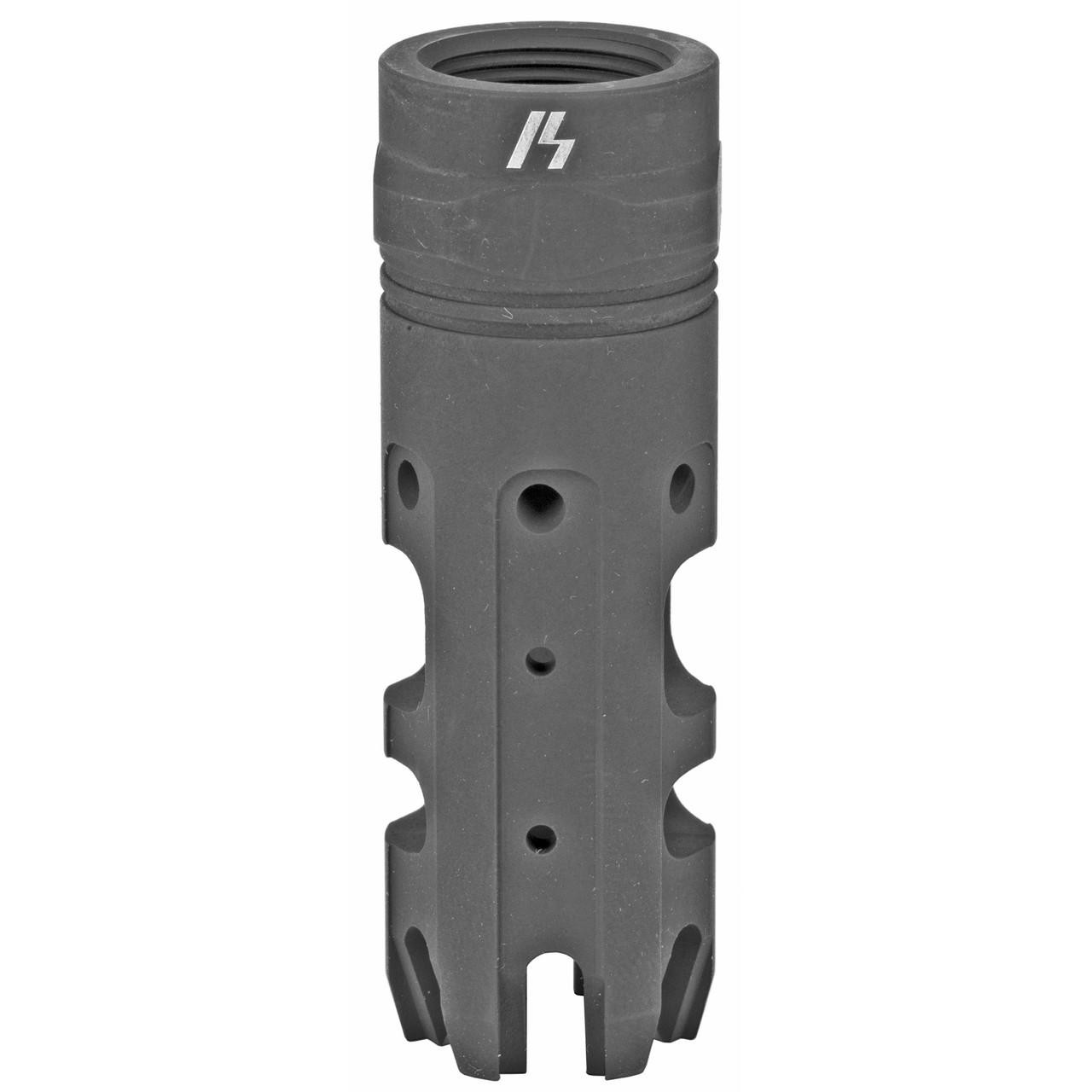 Strike Industries SI-KingComp-308, a black muzzle brake for 308 and 7.62 firearms with a cylindrical shape and venting holes.