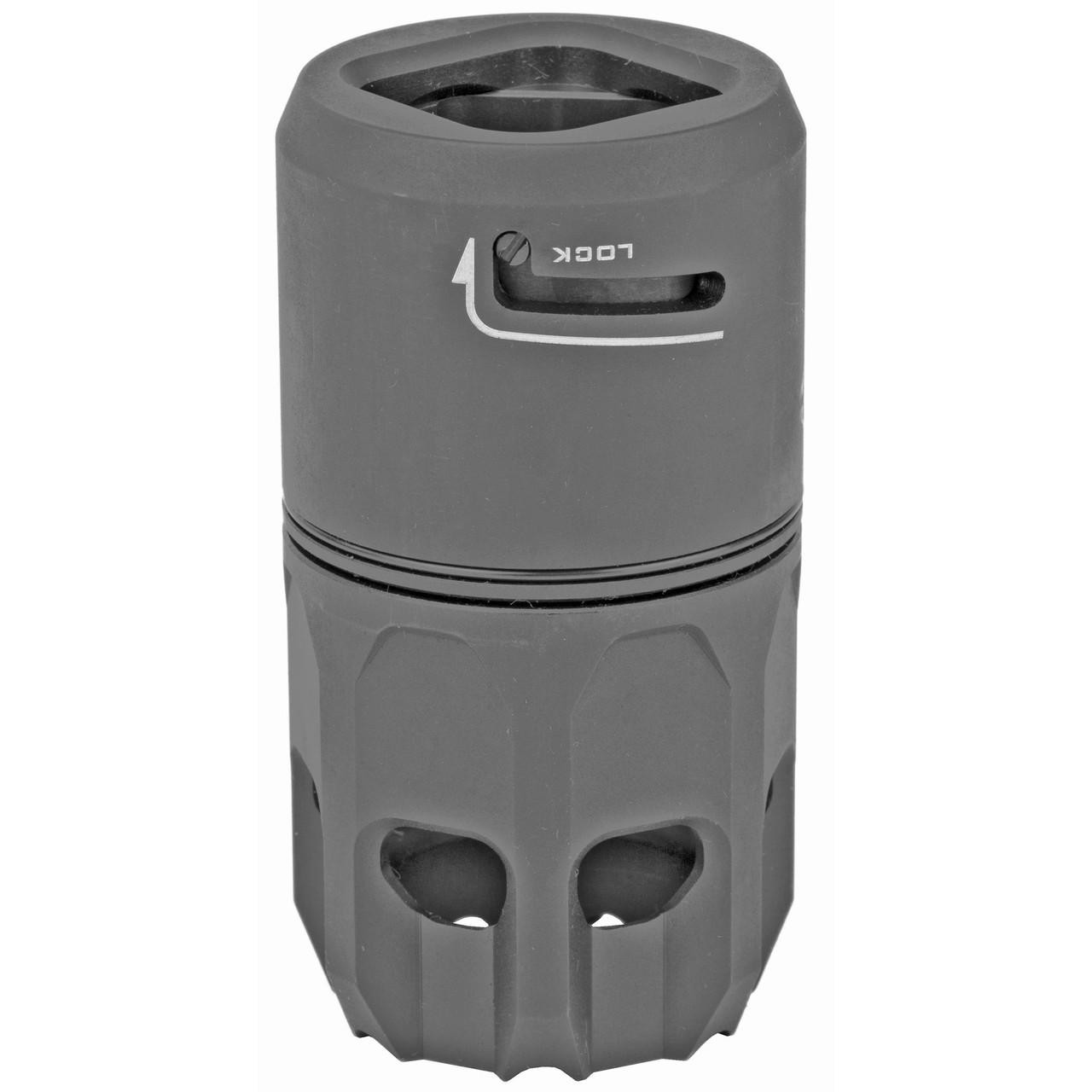 Strike Industries SI-OPPRESSOR Oppressor Blast Shield, a compact, cylindrical gunshot Blast Shield made of durable material with an adjustable locking mechanism.