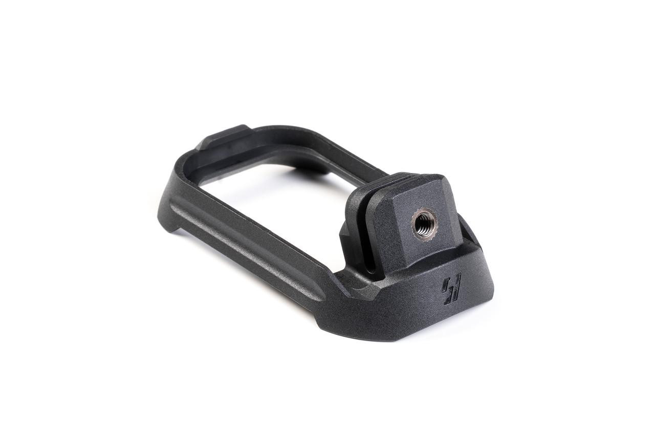 Strike Industries SI-P80-MAGWELL Magwell for Polymer80 PF940C & PF940v2 Frames, black polymer magwell with textured grip and mounting screw.
