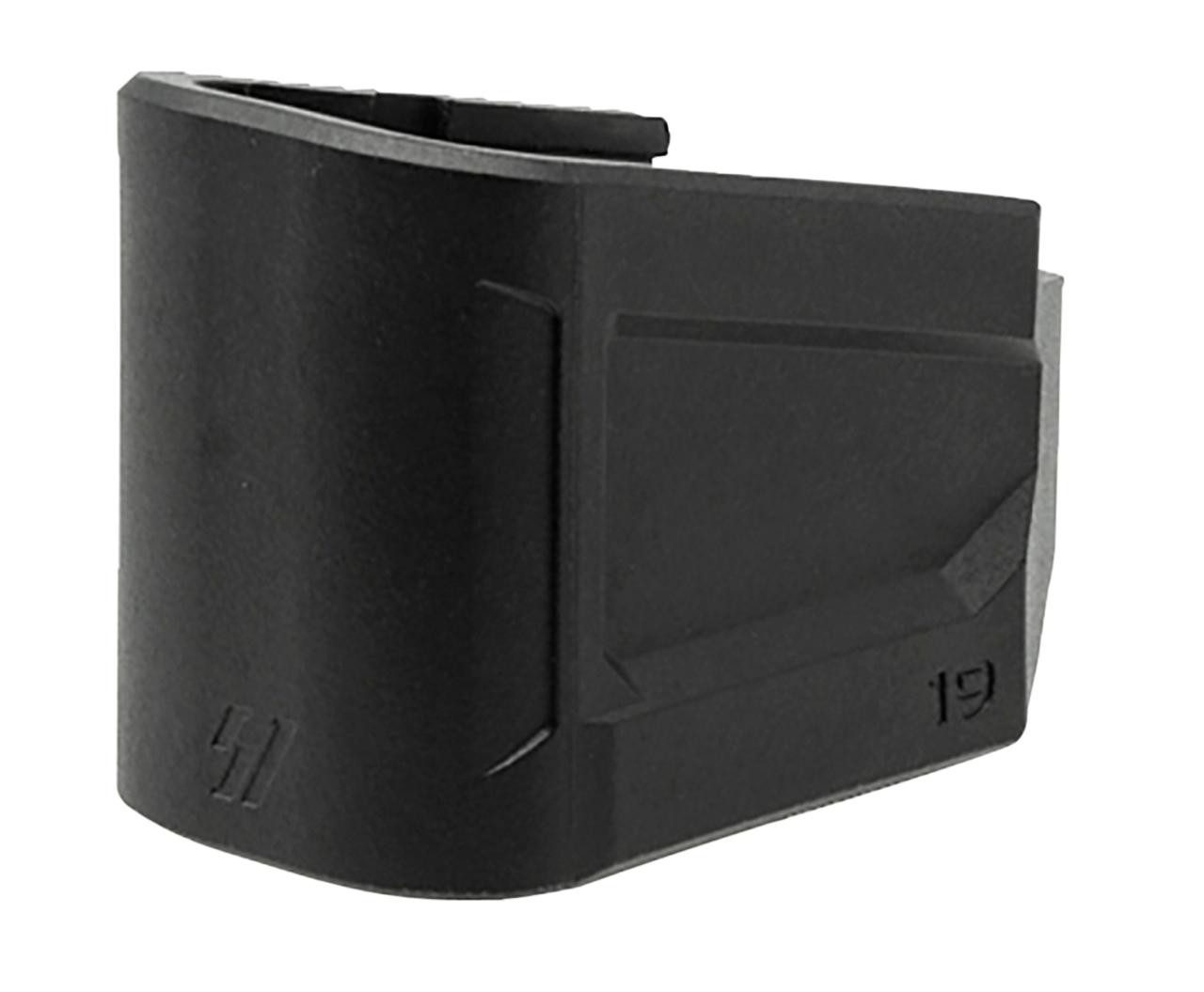 Strike Industries SI-EMP-G19 Magazine Plate for Glock 19, black polymer magazine plate with cut-out design and embossed '19' marking.