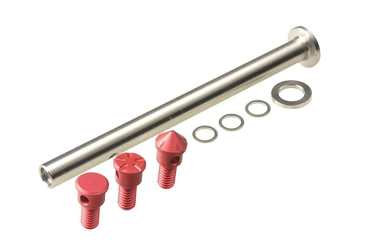 Strike Industries SI-G-MGR-S-RED Modular Guide Rod for Glock, Standard model with Red End Caps, including metal guide rod, red screws, washers, and end caps.